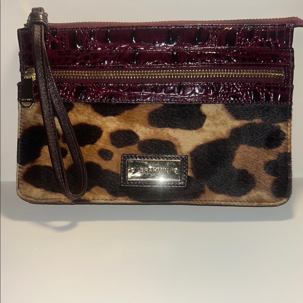 Brahmin Clutch With Real Calf Hair With Unique Animal Print Burgundy Leather.